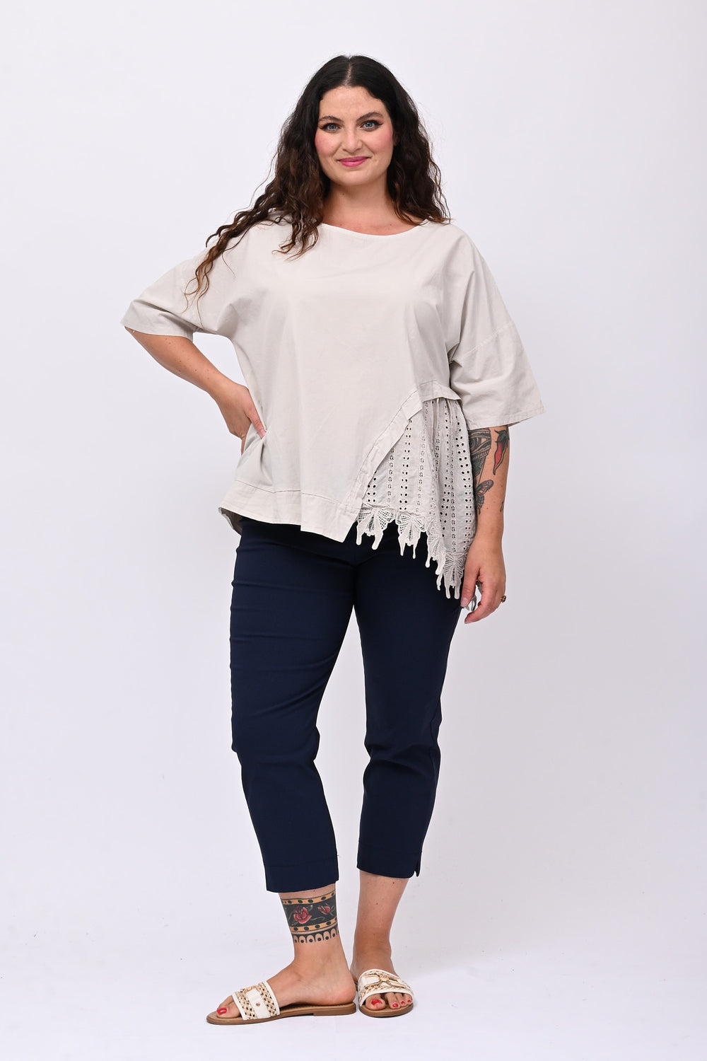 Maxi maglia punta sangallo - Gesso
