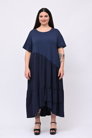 Abito balze e rouches- Blu