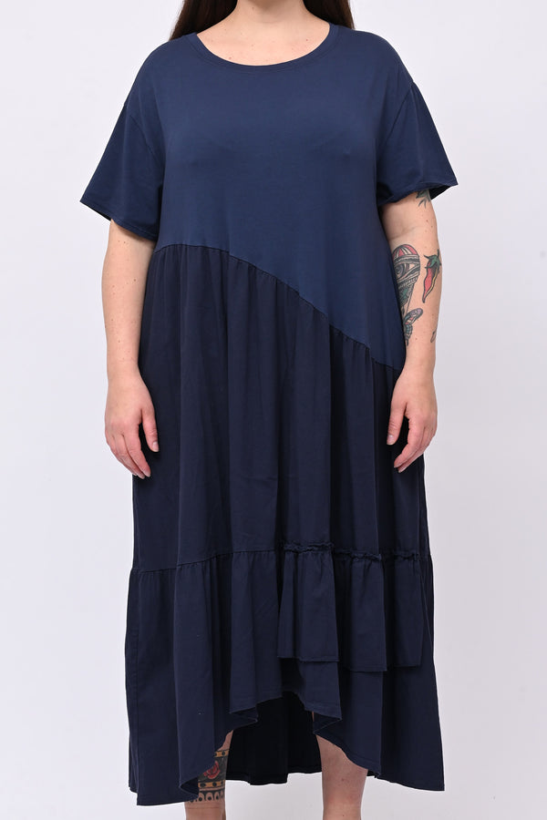 Abito balze e rouches- Blu