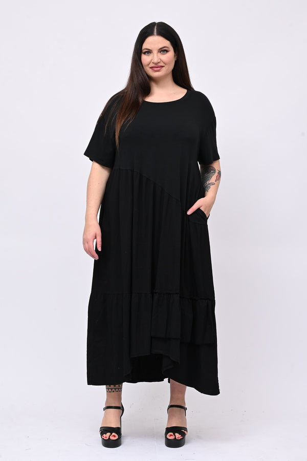 Abito balze e rouches - Nero