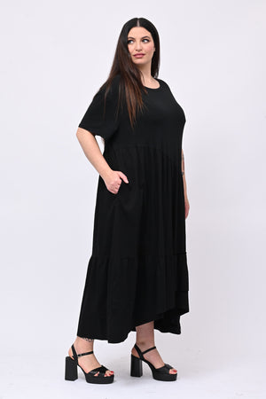 Abito balze e rouches - Nero