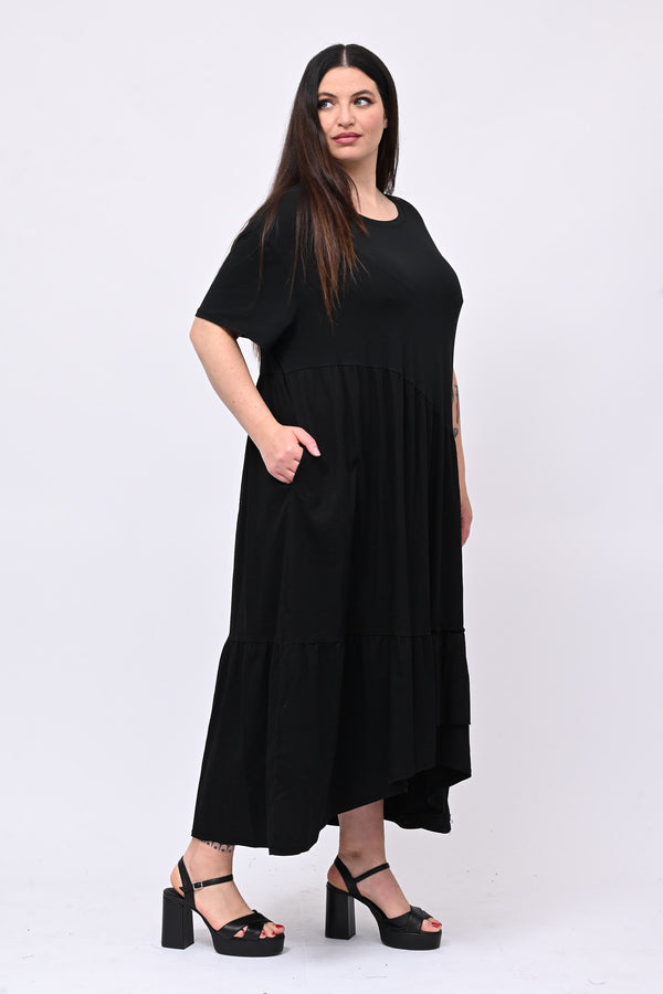 Abito balze e rouches - Nero