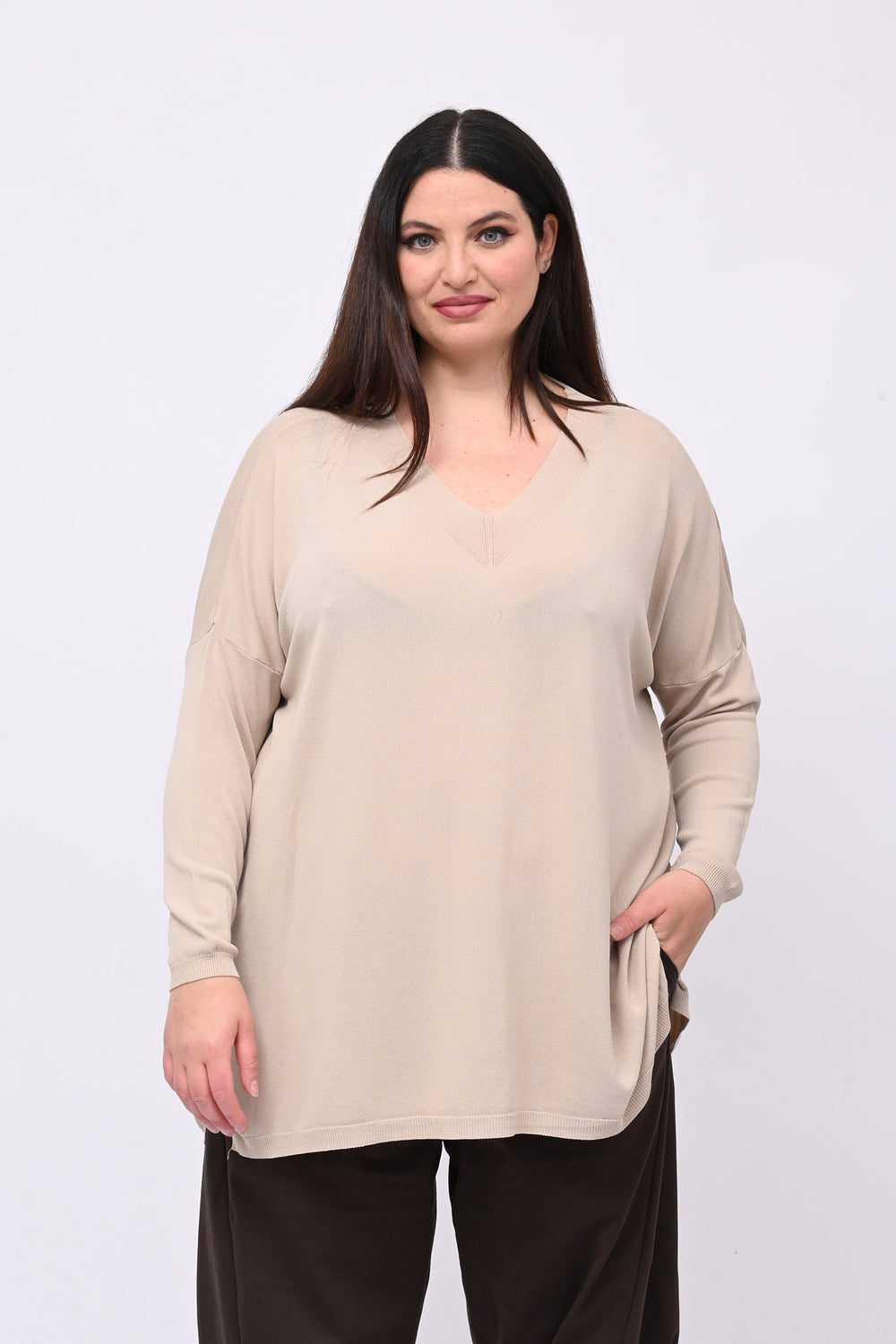 Pull viscosa doppia V - Beige