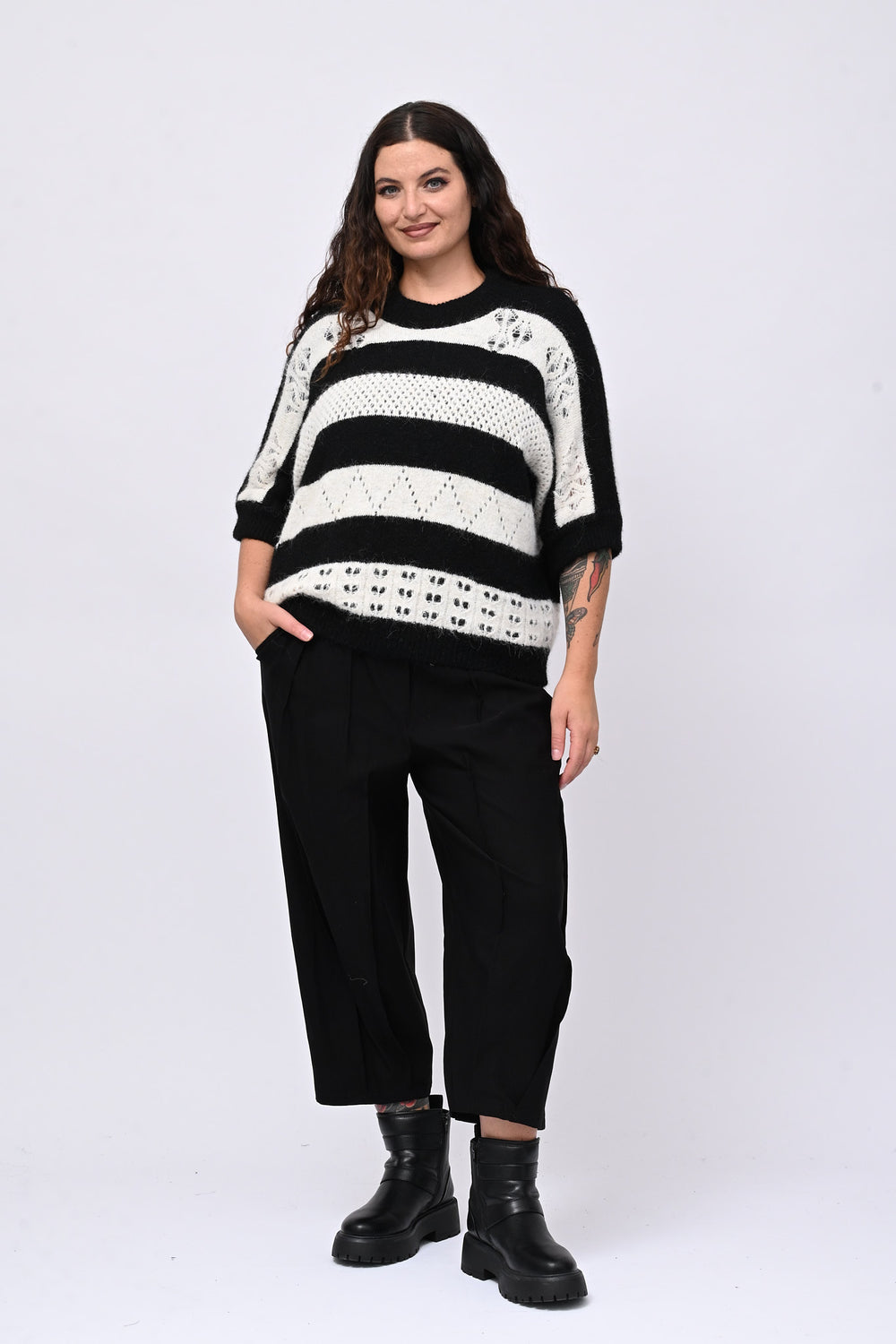 Pull righe traforato - Nero