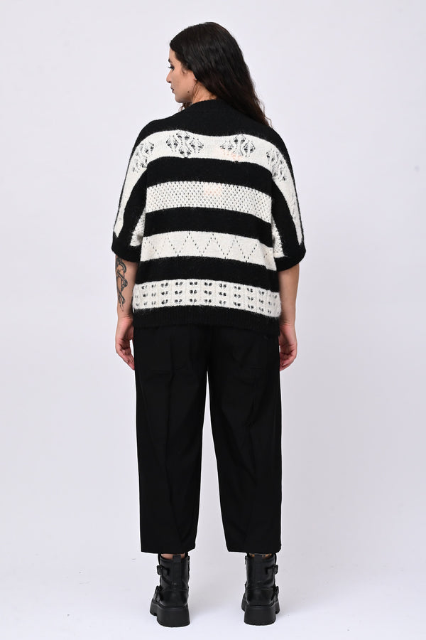 Pull righe traforato - Nero