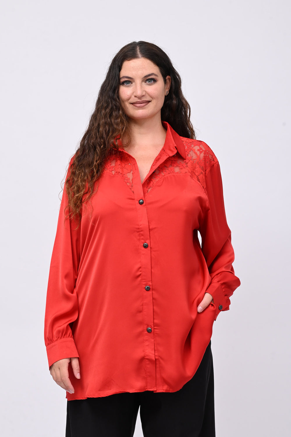 Camicia inserti pizzo - Rosso