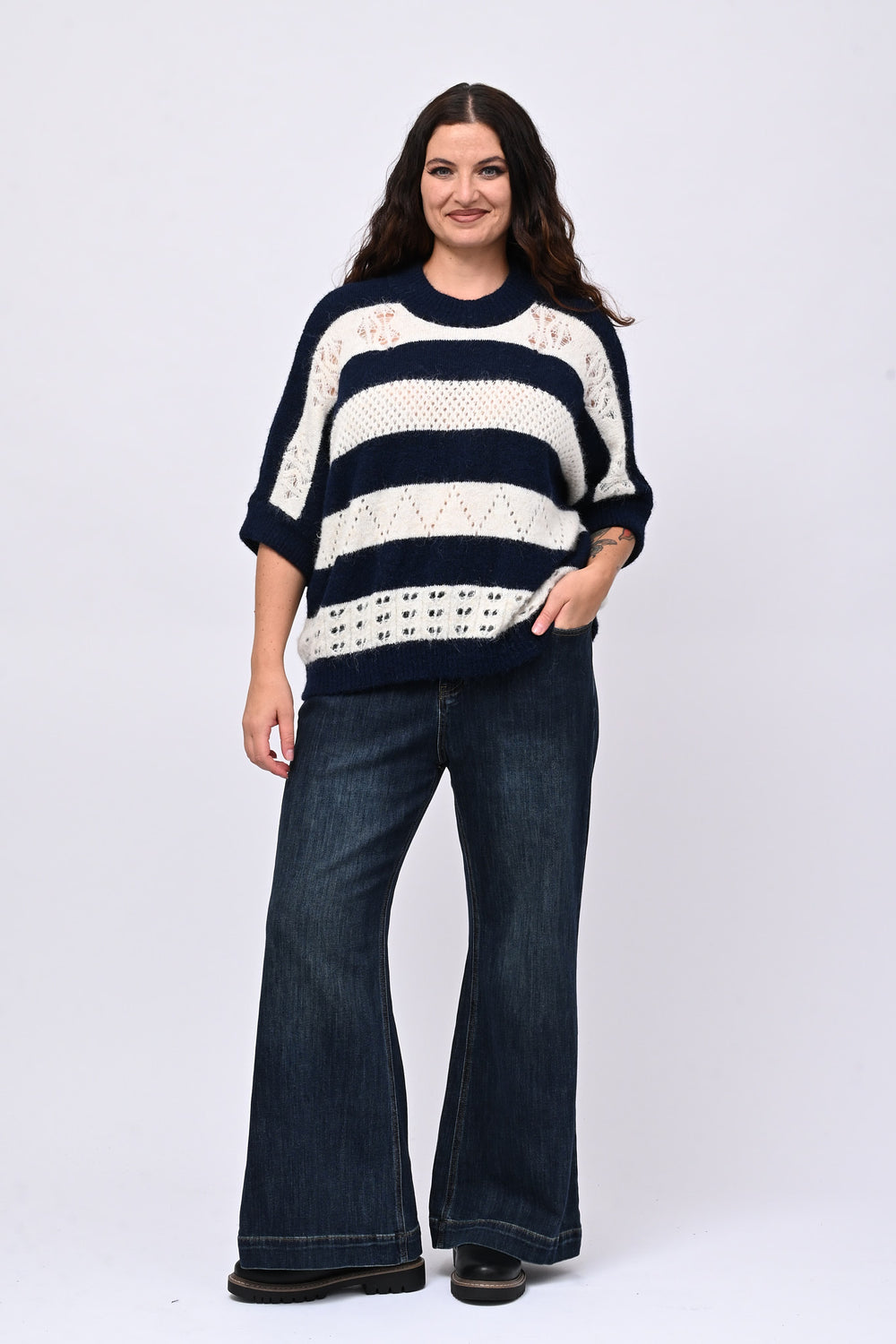 Pull righe traforato - Blu