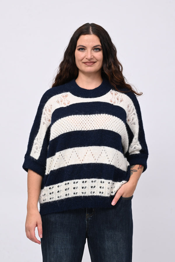 Pull righe traforato - Blu