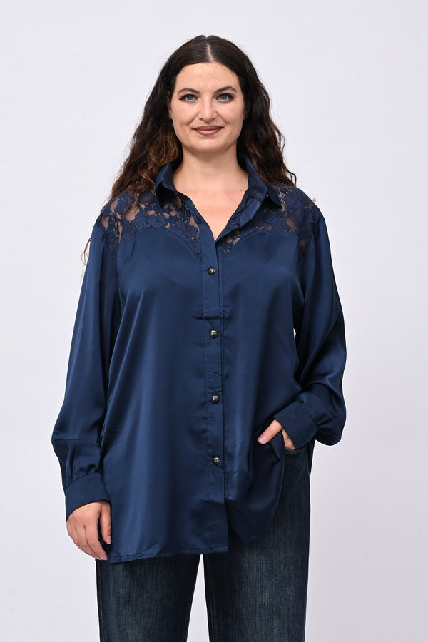 Camicia inserti pizzo - Blu