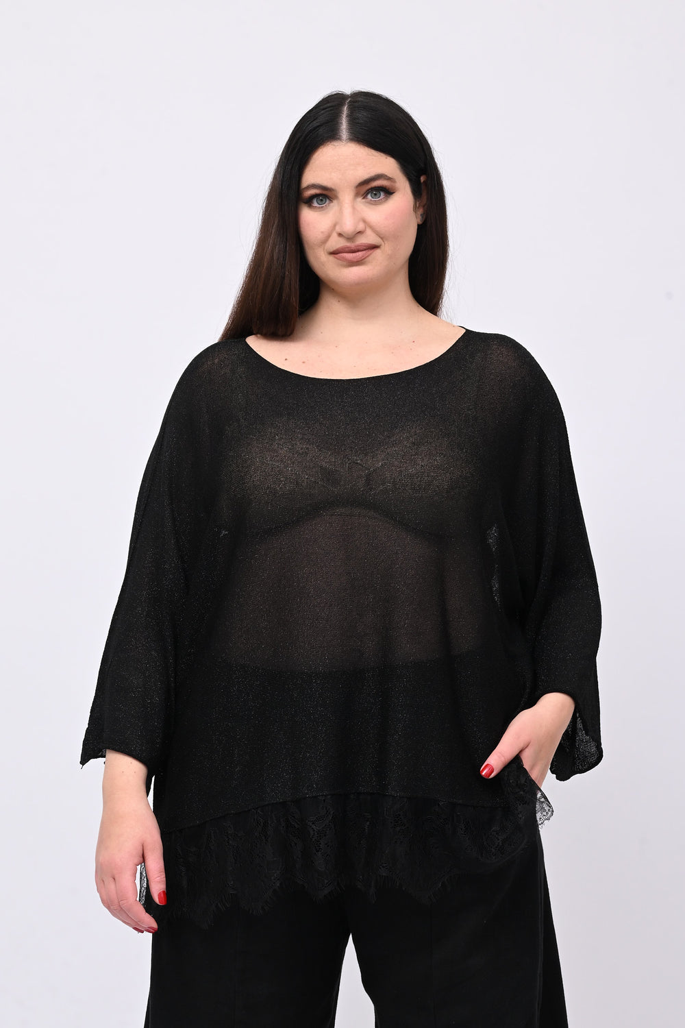 Maglia lurex pizzo - Nero