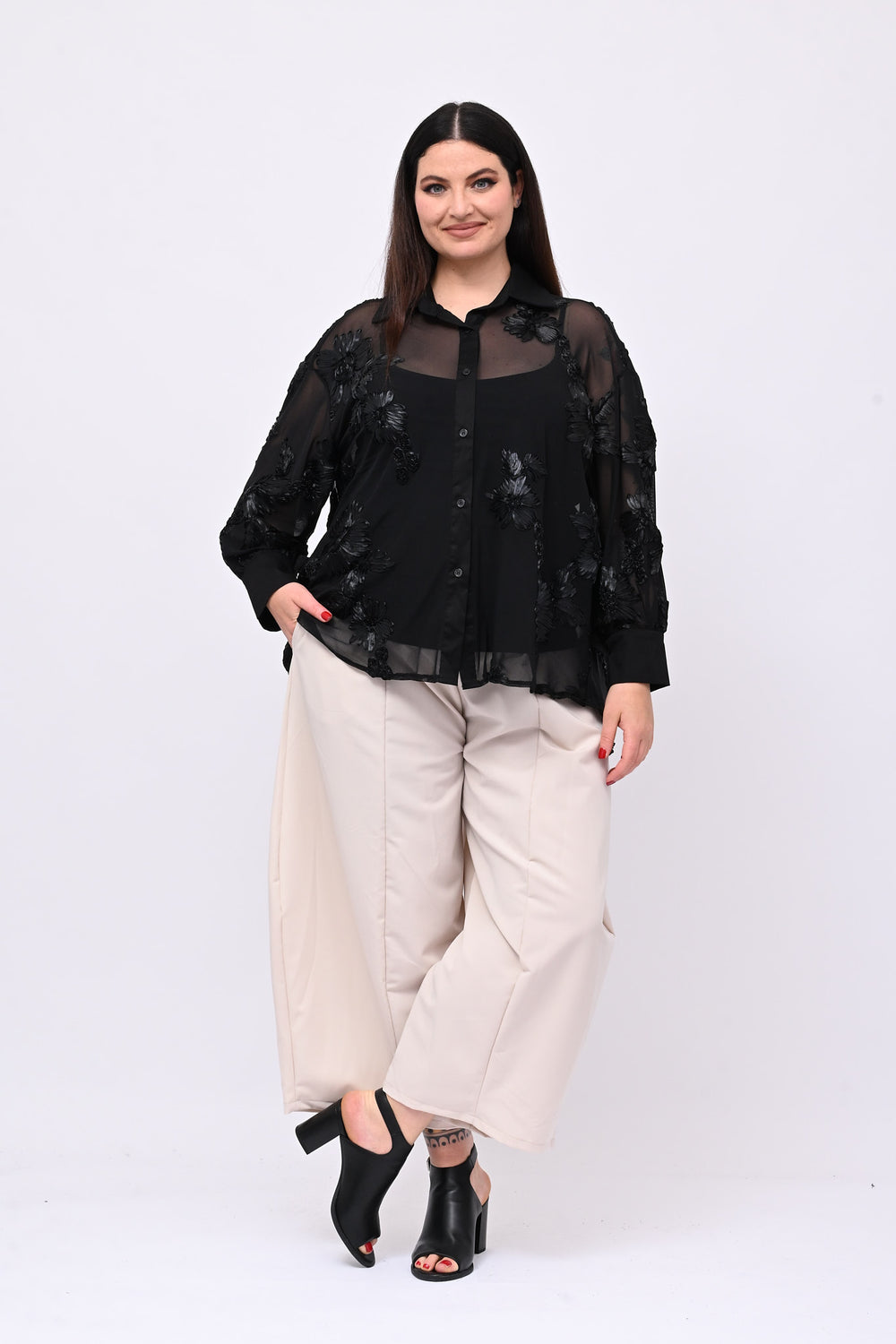 Camicia tulle ricamo - Nero