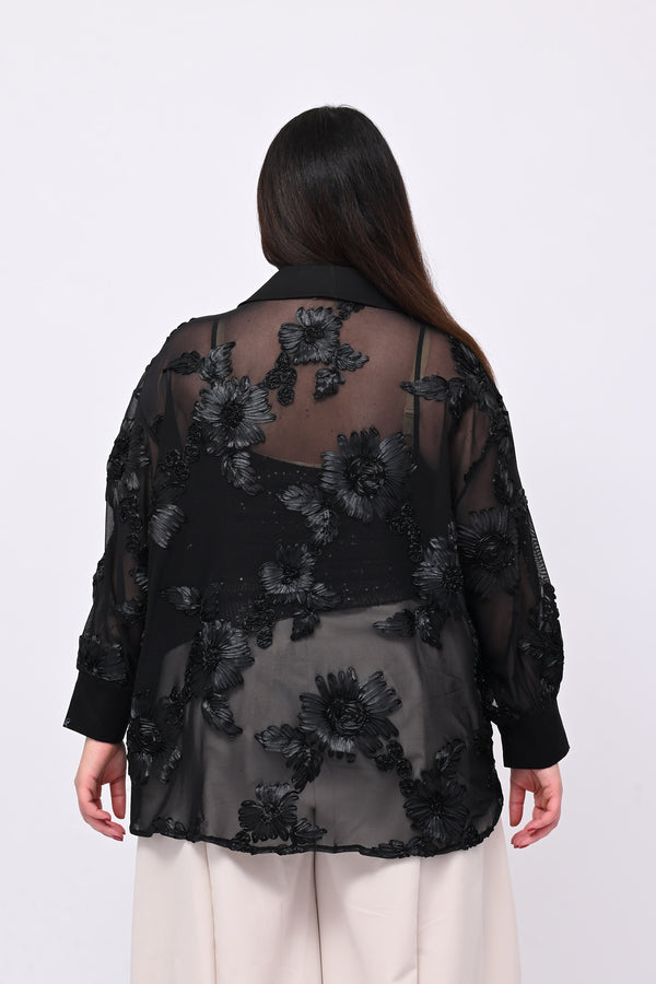Camicia tulle ricamo - Nero