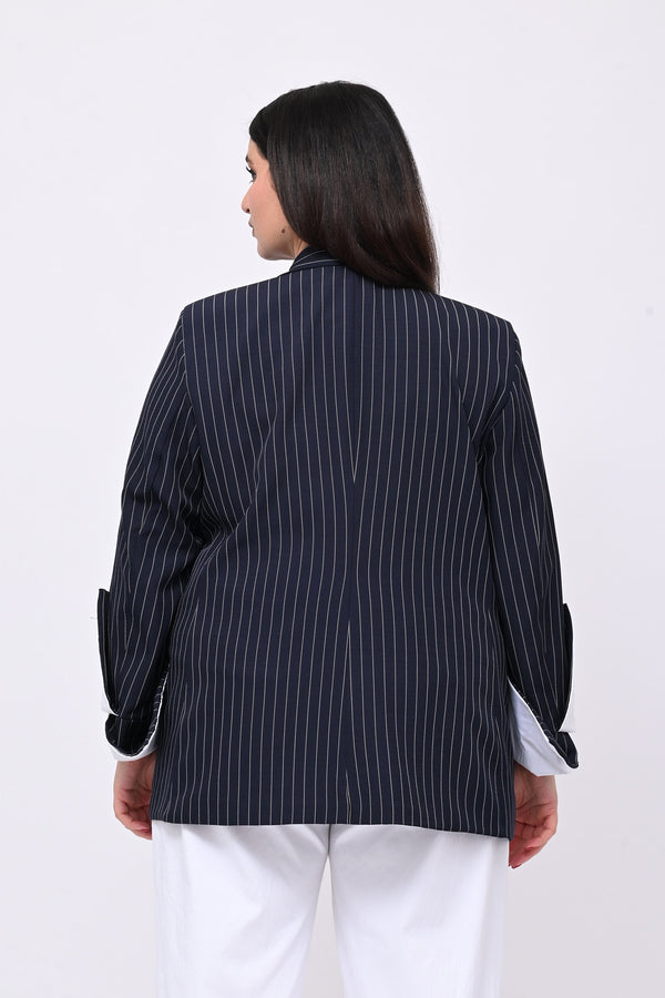 Giacca gessata polsone - Blu