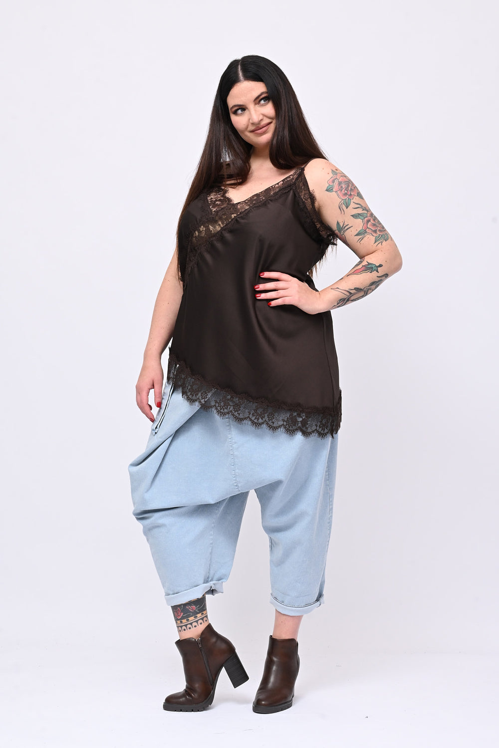 Top raso punta e pizzo - Moro