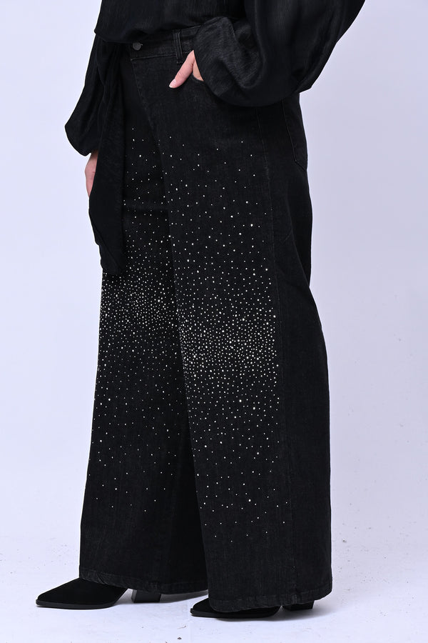 Jeans palazzo strass - Nero