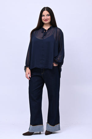 Jeans wide leg risvolto - Blu scuro