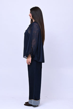 Jeans wide leg risvolto - Blu scuro