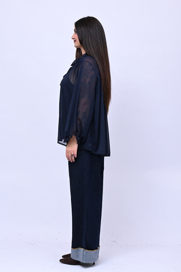 Jeans wide leg risvolto - Blu scuro