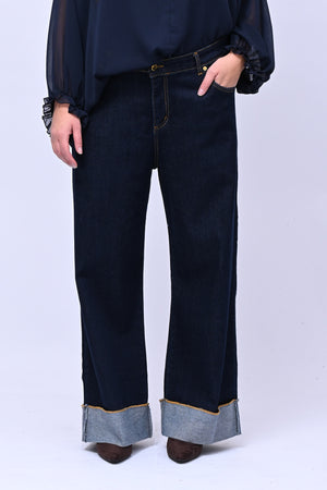 Jeans wide leg risvolto - Blu scuro