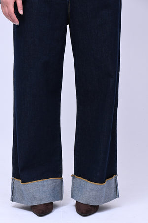 Jeans wide leg risvolto - Blu scuro