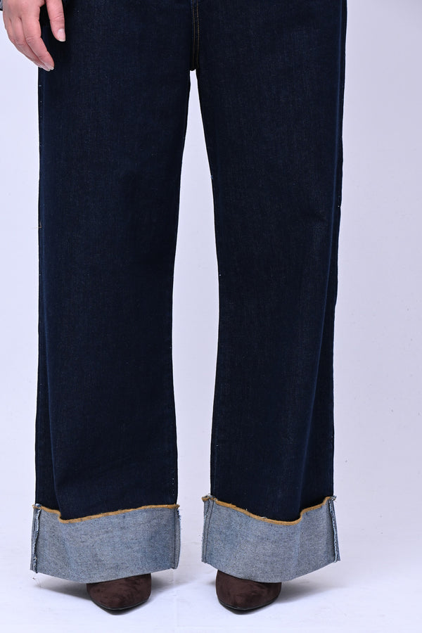 Jeans wide leg risvolto - Blu scuro