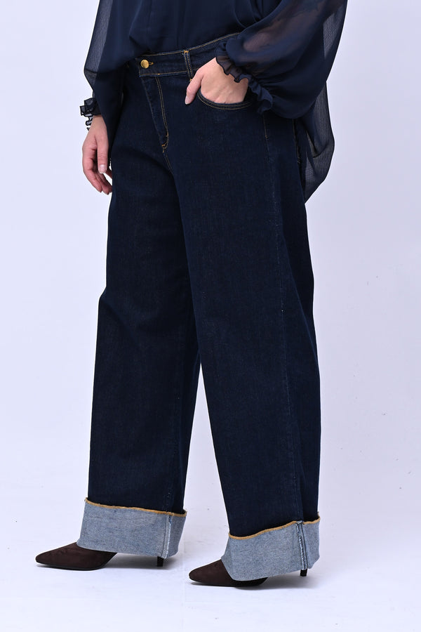 Jeans wide leg risvolto - Blu scuro