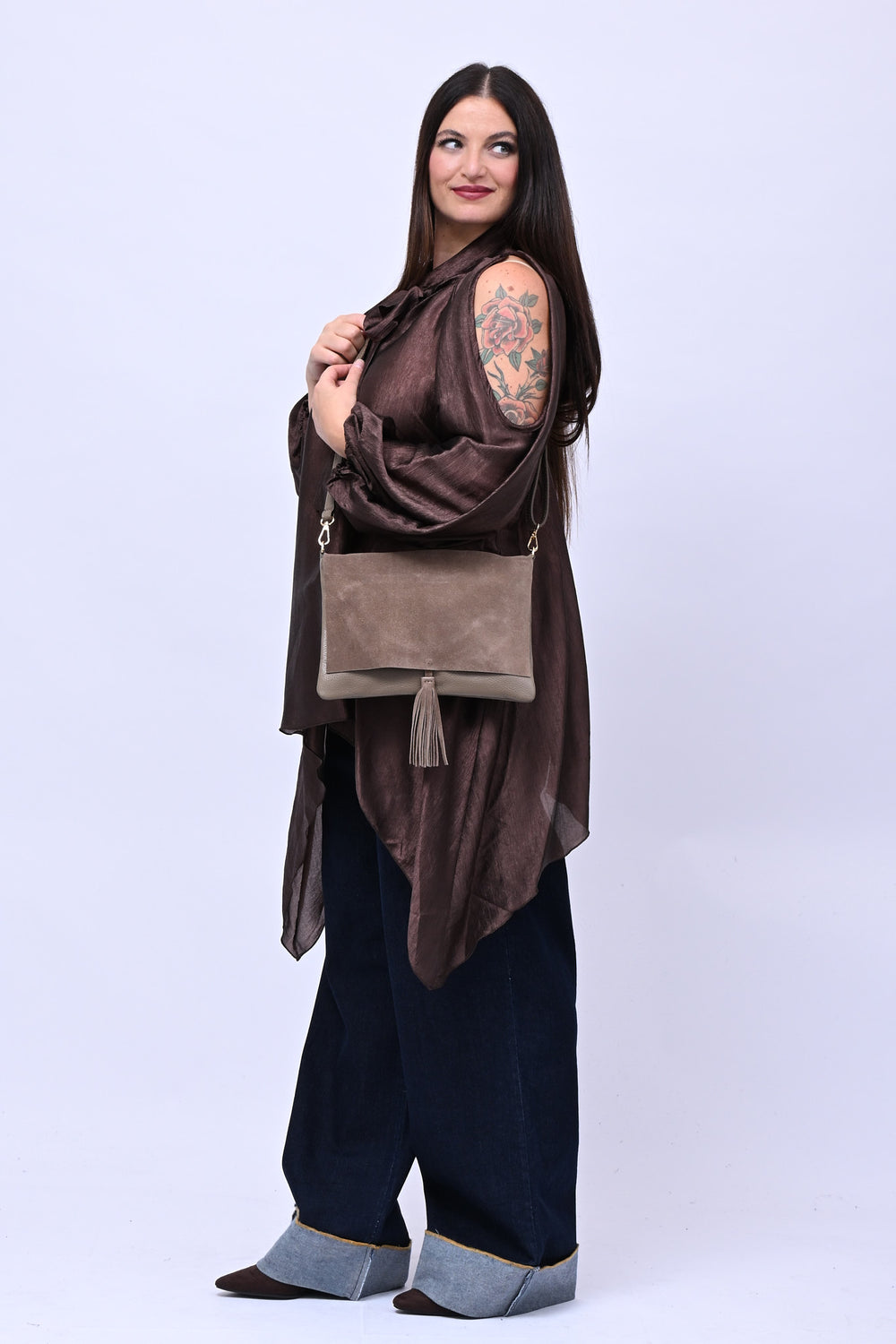 Clutch suede e pelle - Greige