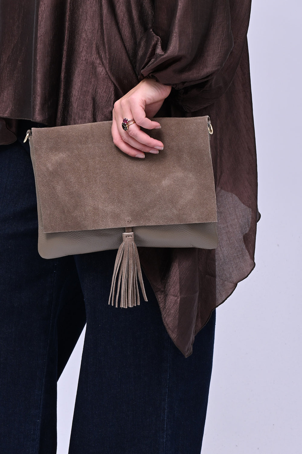 Clutch suede e pelle - Greige