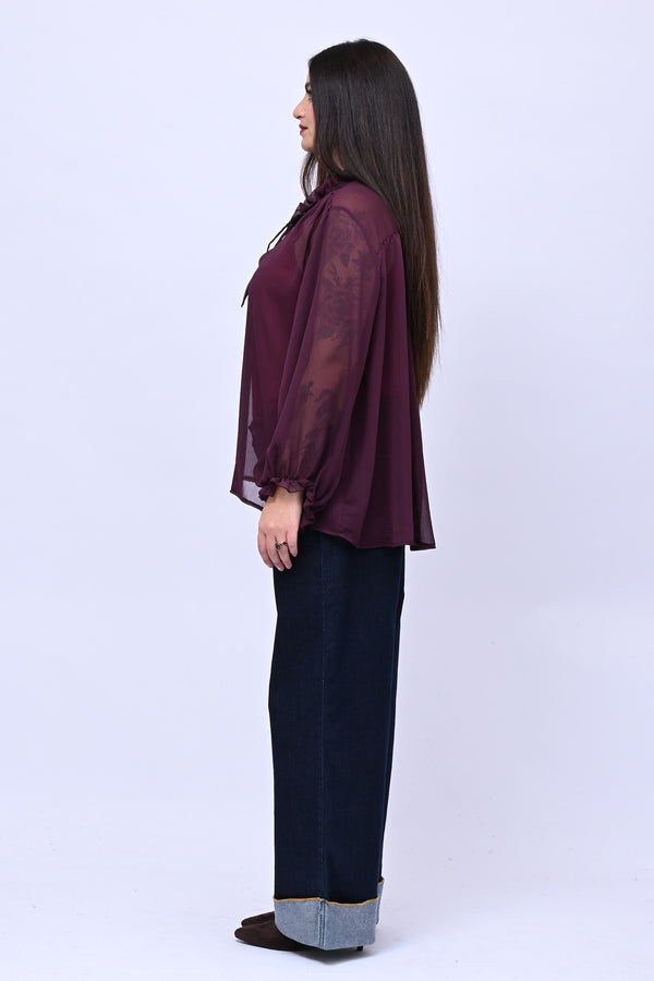 Blusa colletto fiocco - Melanzana
