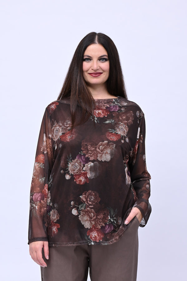 Maglia tulle fiori - Moro