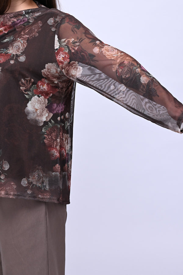 Maglia tulle fiori - Moro