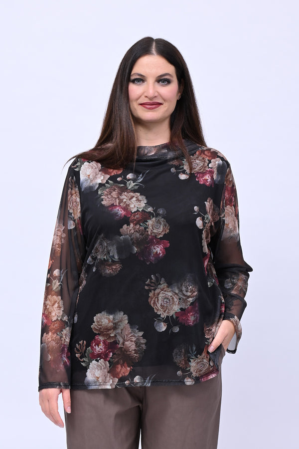 Maglia tulle fiori - Nero