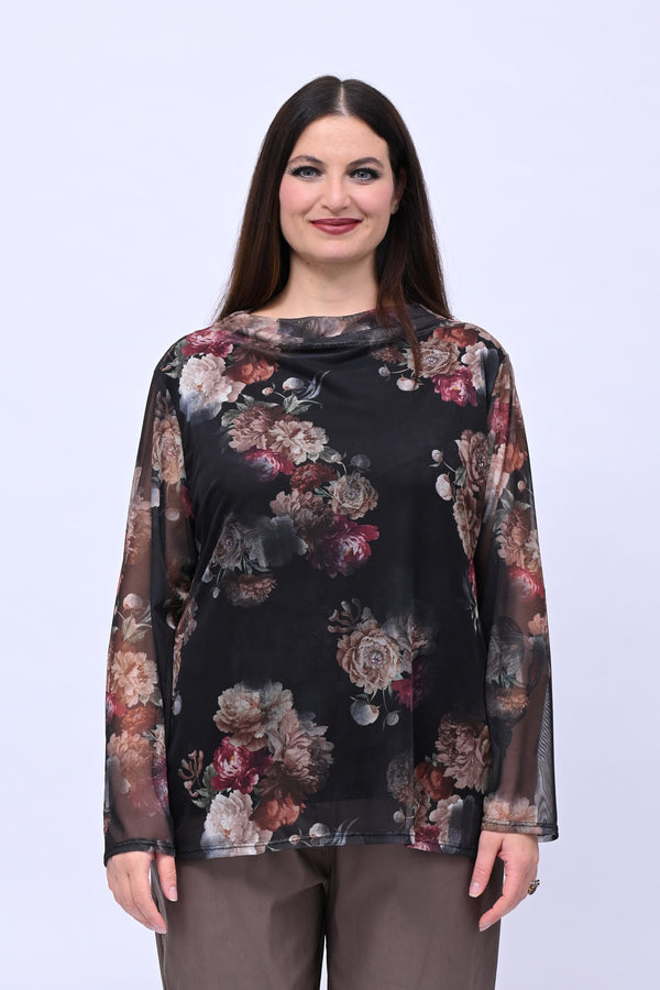 Maglia tulle fiori - Nero