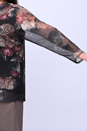 Maglia tulle fiori - Nero