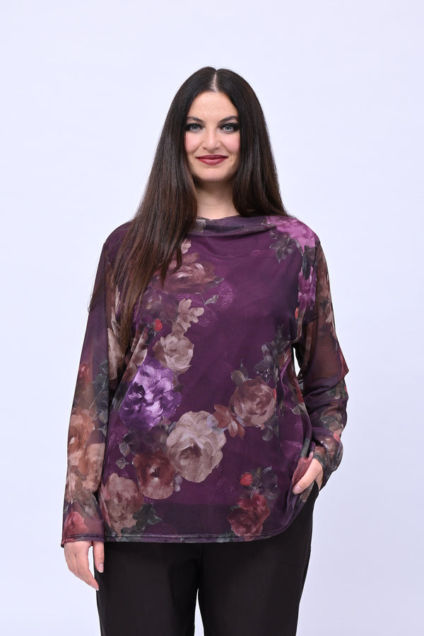 Maglia tulle fiori - Viola