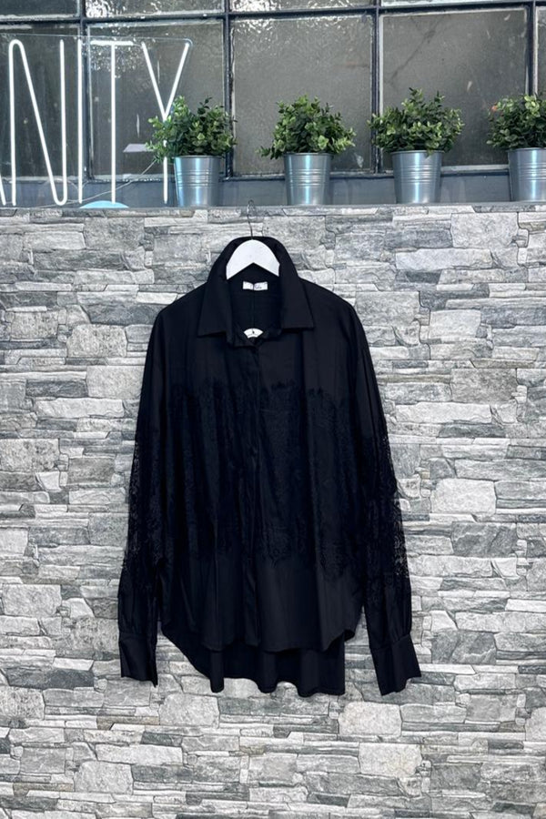 Camicia cotone e pizzo - Nero