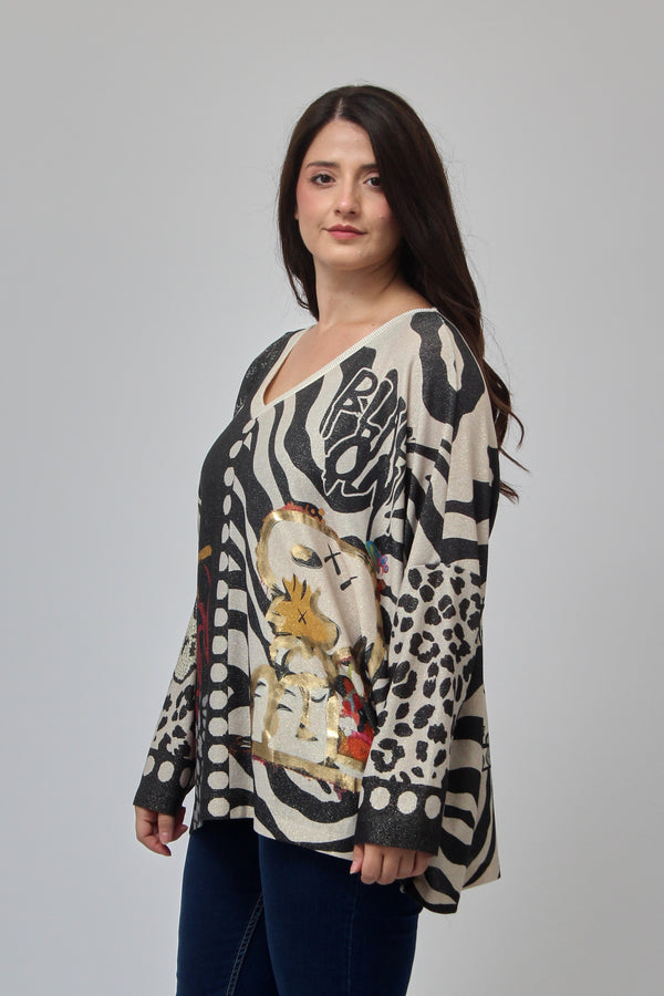Maglia scatola fumetti lurex - Snoopy zebrato